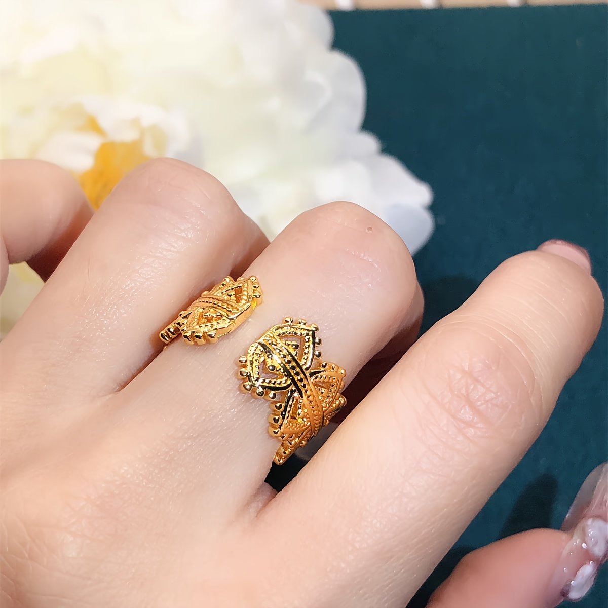Boho Crown Open Ring with Rhinestone Accents